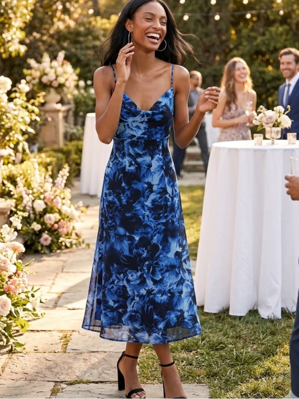New Lulus Beautiful Persona Blue Floral Slip Midi Dress Sz Medium